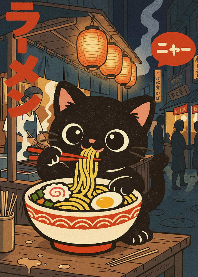 Cute Cat Eating Ramen