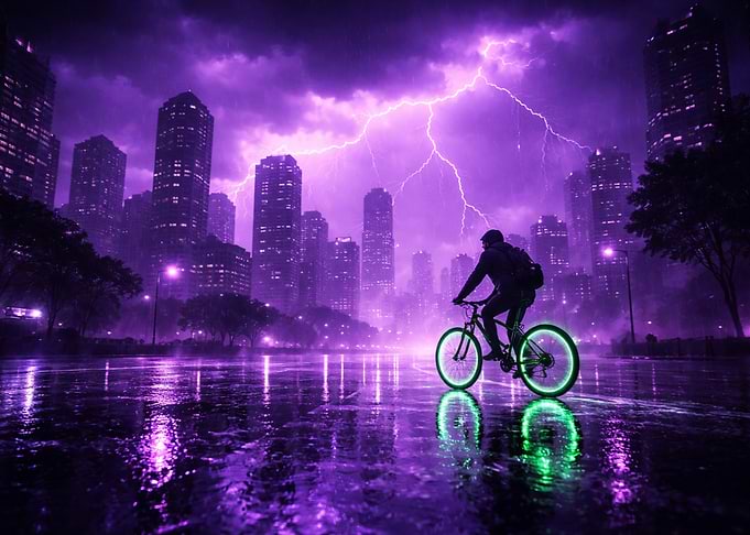 Cyclist in Neon City Storm
