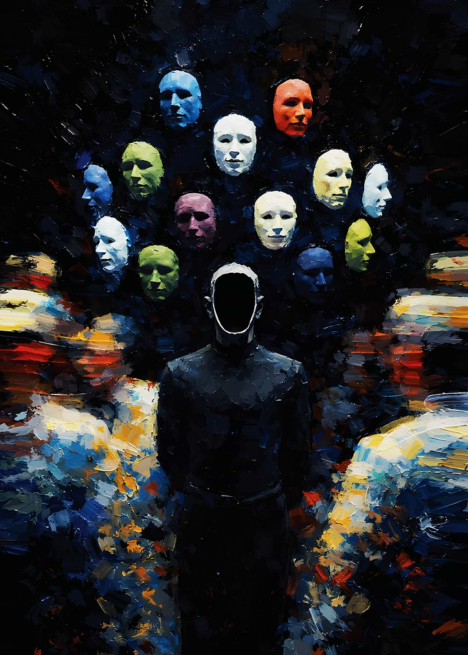 Faceless Masked Crowd Impasto Surreal Metal Poster