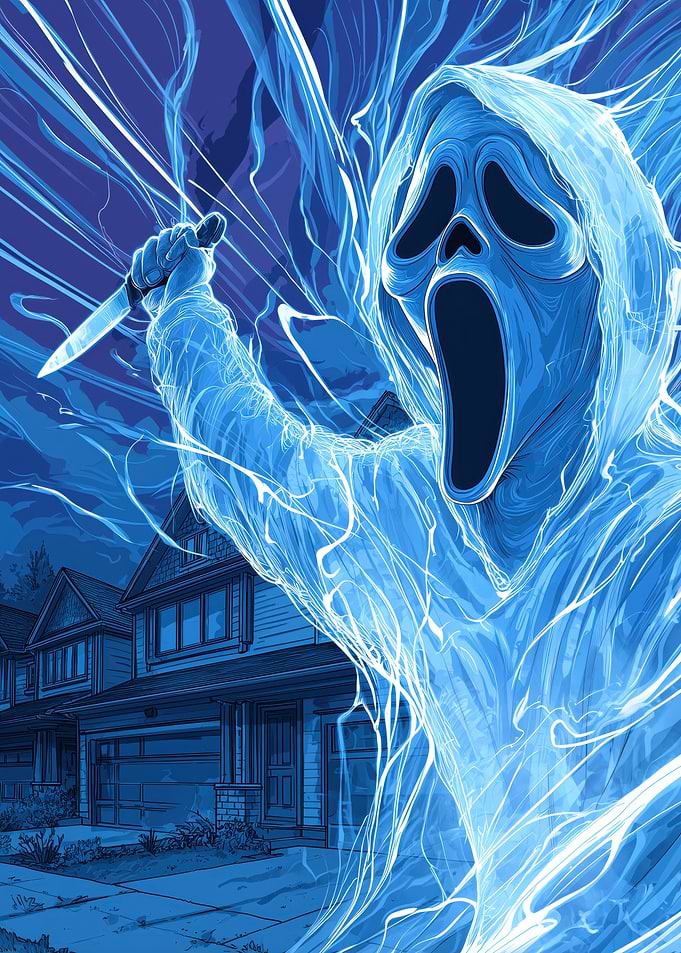 Ghostface with Knife in Suburban Setting