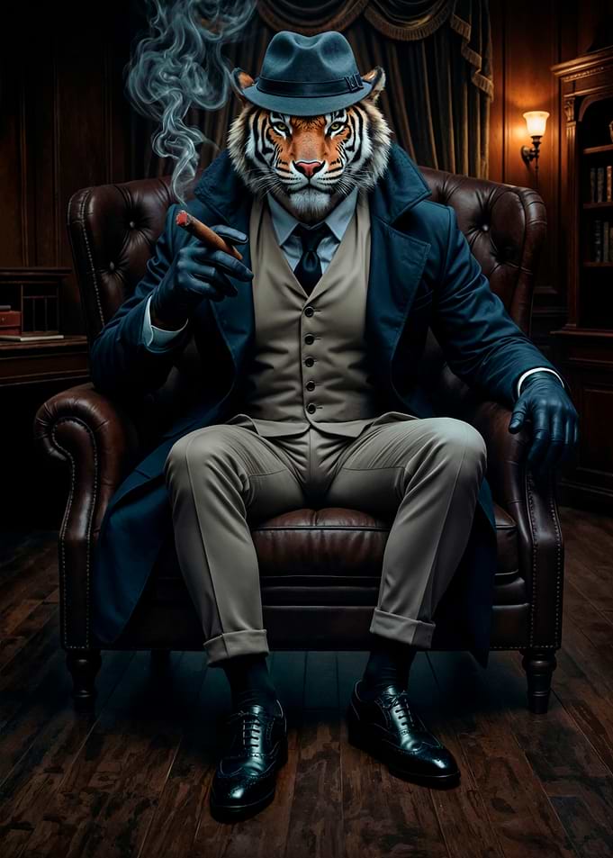 Tiger in a suit smoking a cigar