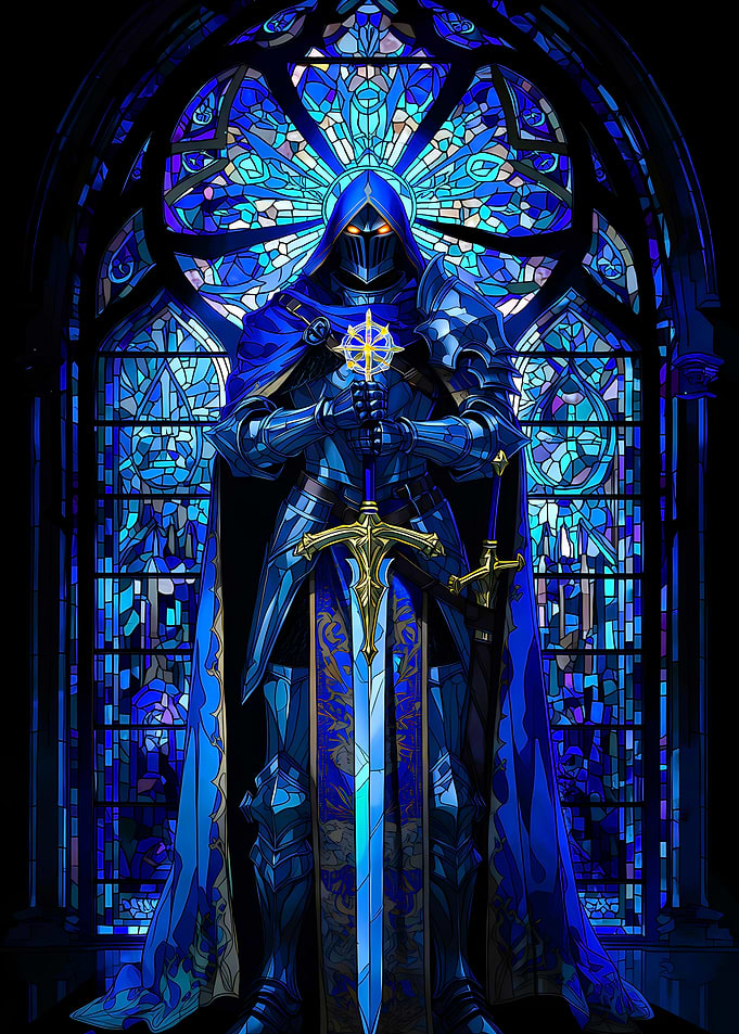 Knight in Blue Armor Before Stained Glass