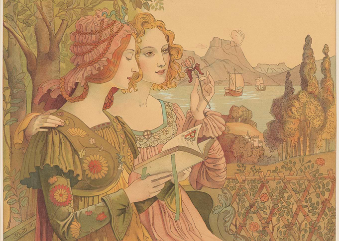 Two women reading in a garden
