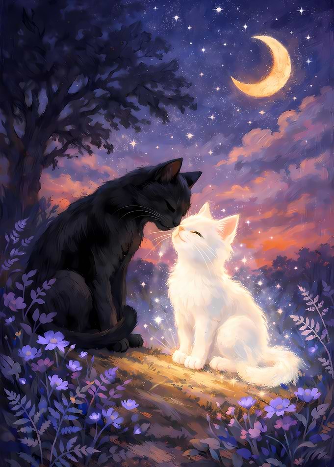 Two Cats Under a Crescent Moon