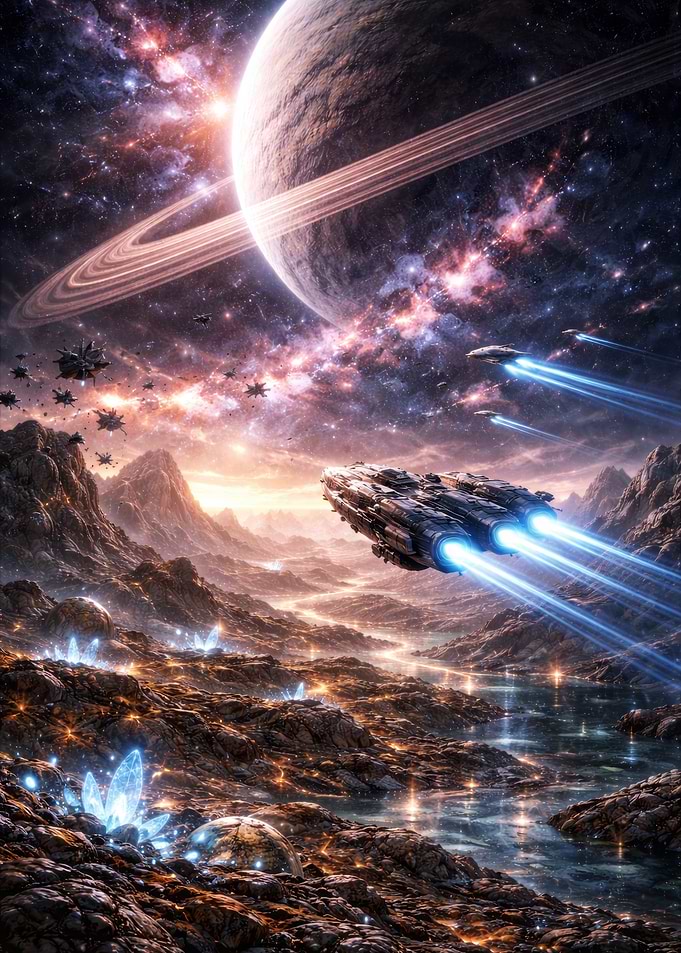 Spaceship fleet in alien landscape
