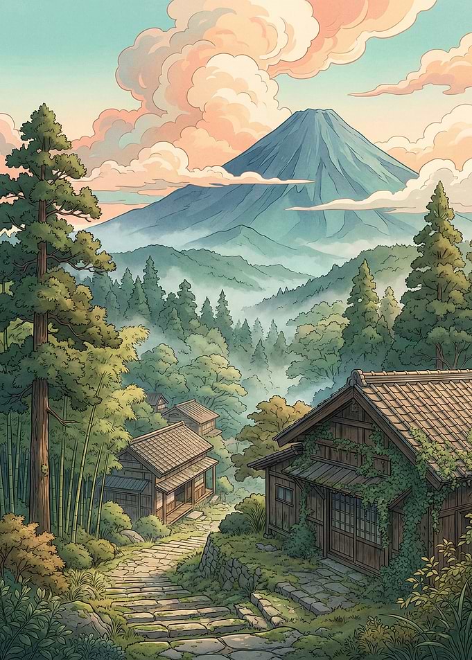 Serene Japanese Village with Mount Fuji