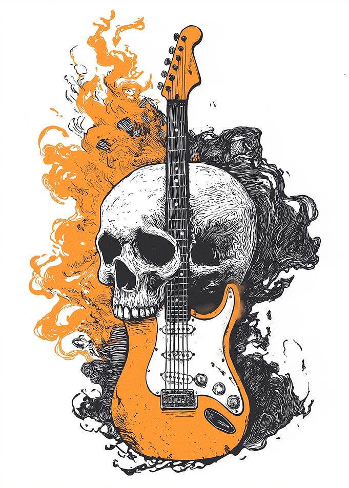 Skull and Electric Guitar with Flames