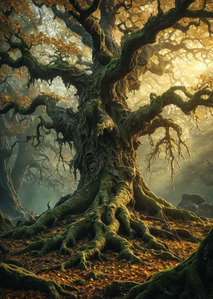 Ancient Enchanted Tree in a Golden Forest — Mystical Fantasy Illustration
