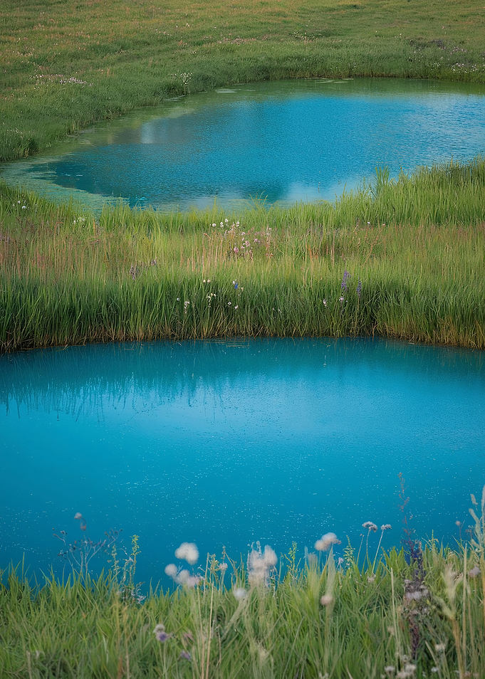 Ponds in Grassy Field