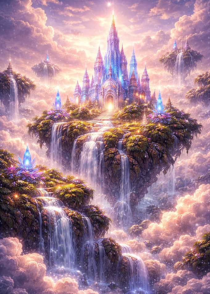 Magical Floating Castle with Waterfalls