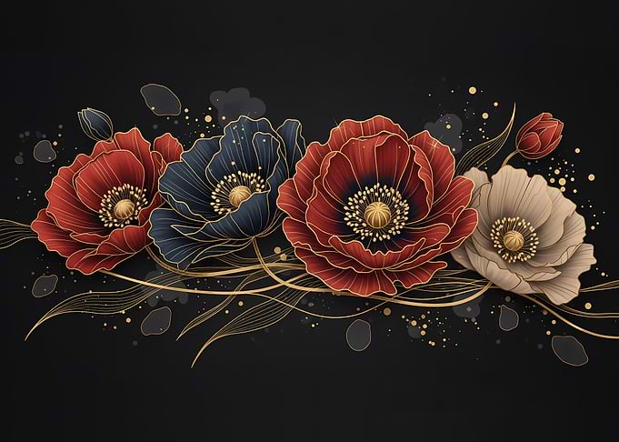 Red, Navy & Gold Anemone Floral Art on Black Background