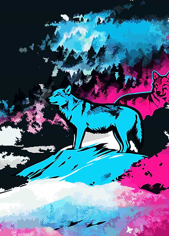 Two Wolves in a Stylized Forest