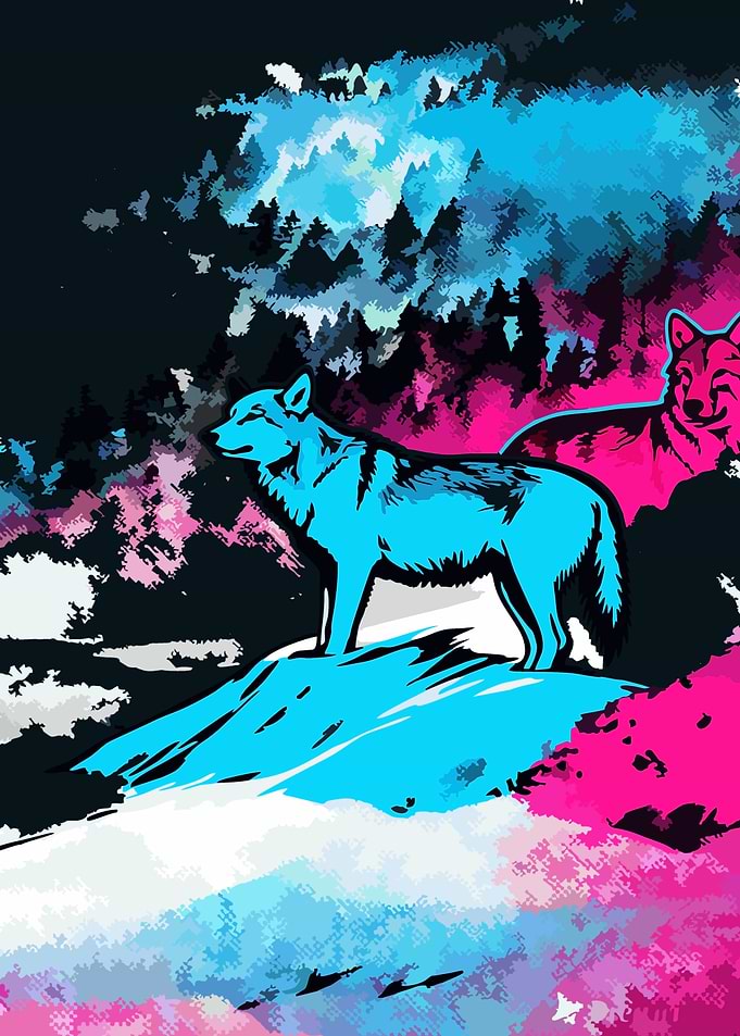 Two Wolves in a Stylized Forest