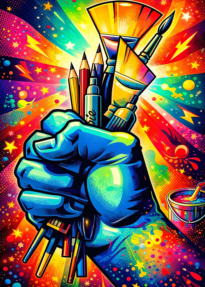 Artist's fist holding art supplies