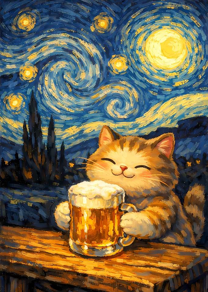 Cat Enjoying Beer Under Starry Night Sky