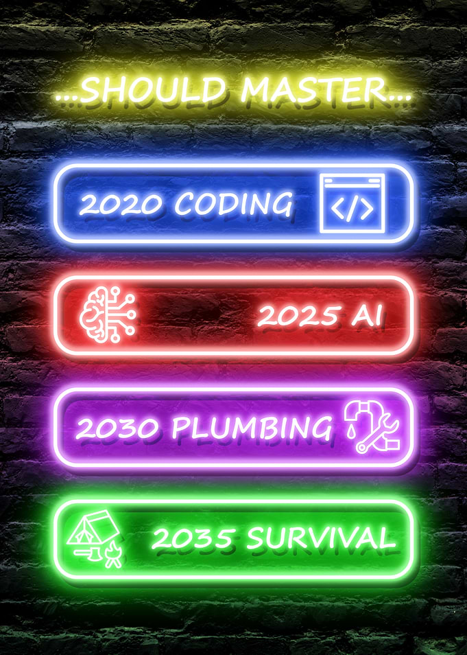 Neon Signs Future Skills What should you Master in 2020, 2025, 2030, 2035, Coding, AI, Plumbing, Survival