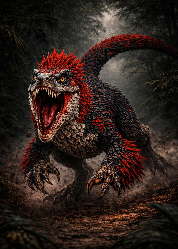 Fierce Red and Black Feathered Dinosaur