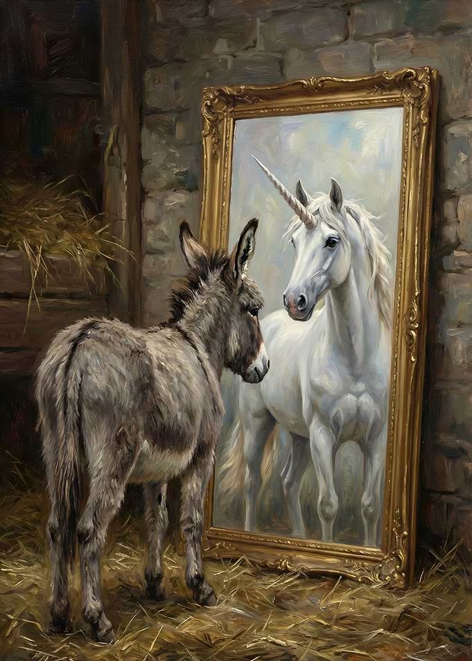 Donkey Sees Unicorn in Mirror