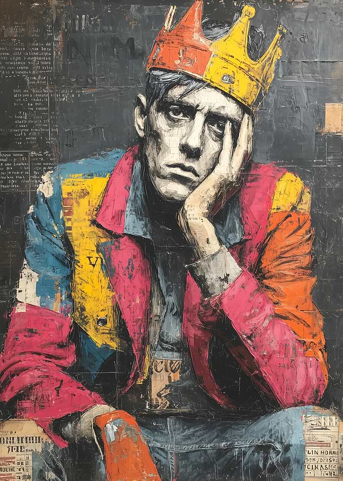Man in Crown with Hand on Face