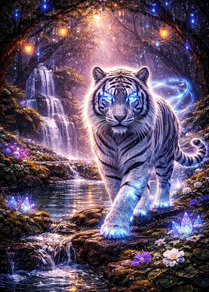 Enchanted White Tiger in Magical Forest