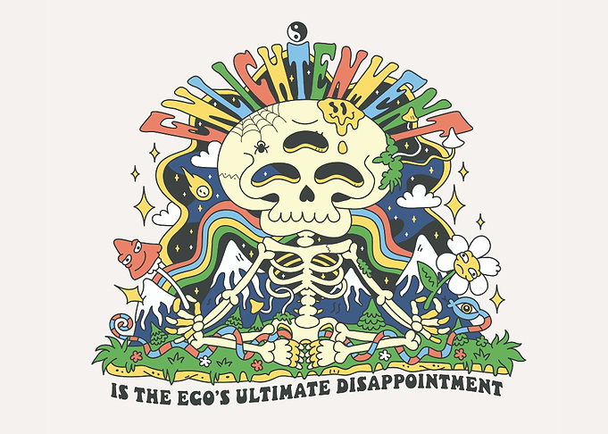 Psychedelic Skeleton Meditating, Buddist Slogan