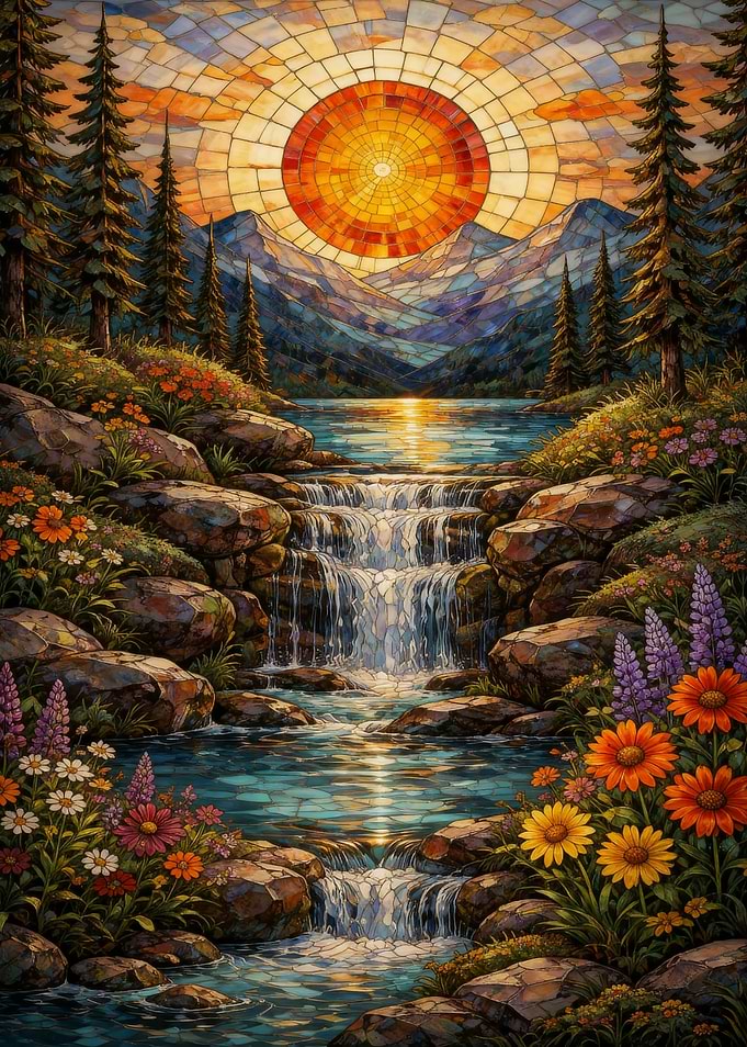 Stained Glass Mountain Waterfall Landscape