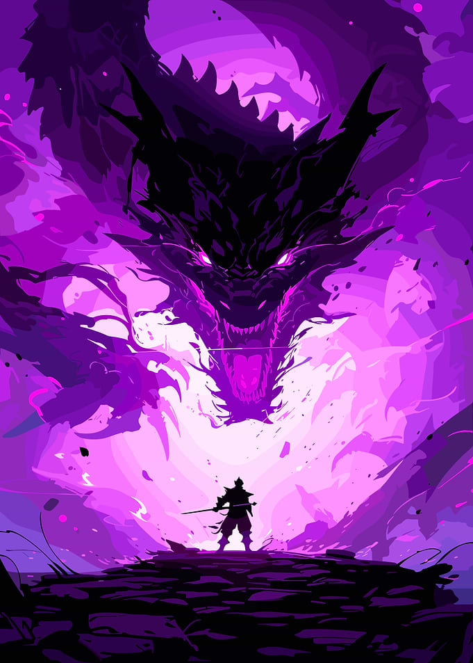 Warrior faces giant dragon