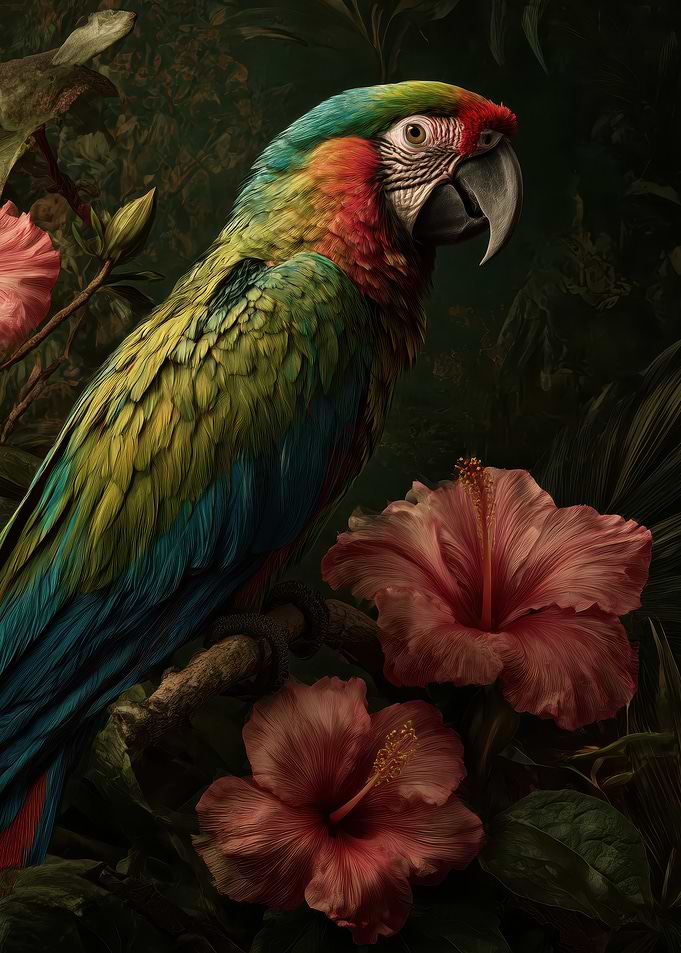 Vibrant Macaw Parrot with Hibiscus Flowers