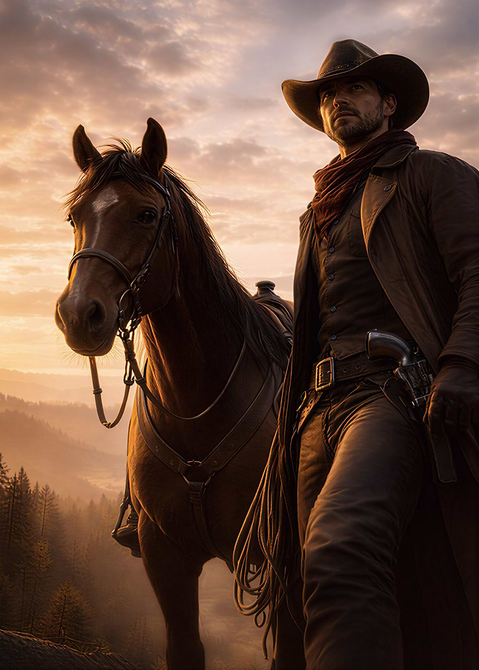 Cowboy and horse at sunset