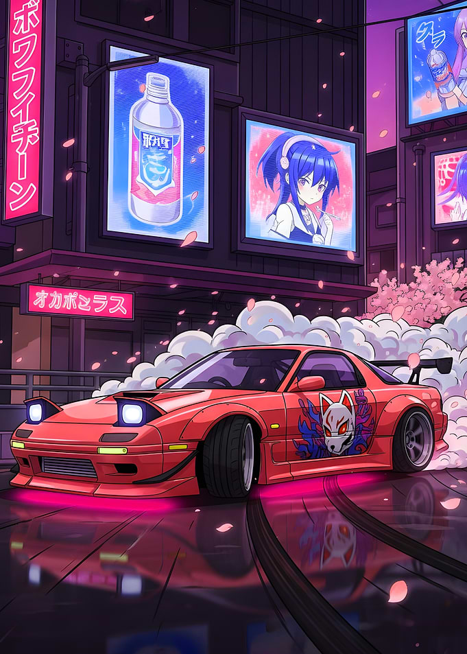 Red JDM Car Drifting in Neon City