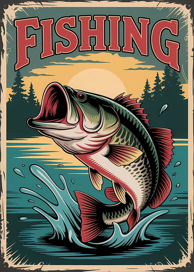 Fishing Poster with Jumping Bass