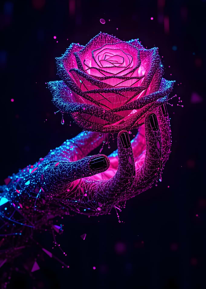Cyberpunk Rose Held by a Hand