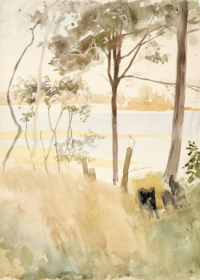Watercolor Landscape of Trees by Water