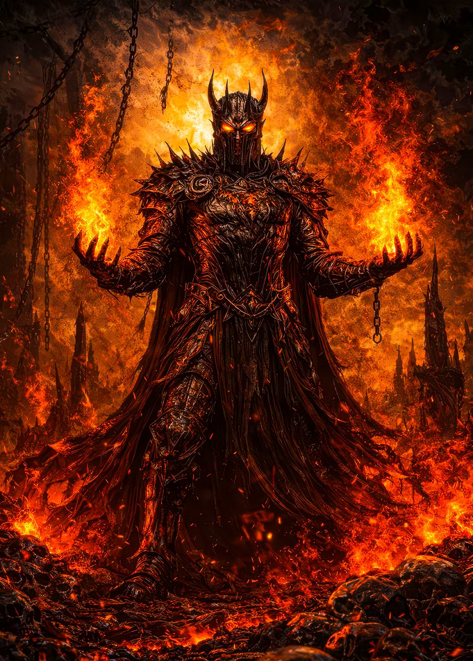 Demonic Warrior in Fiery Landscape