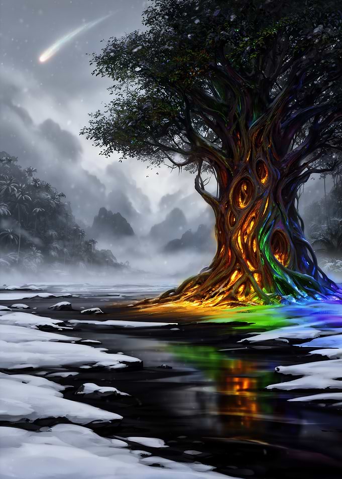 Prismatic Glowtree in Winter Mist