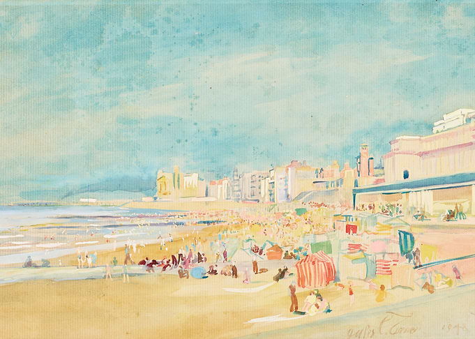 Seaside Town with Beachgoers