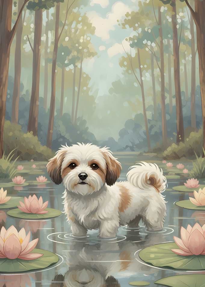 Cute Dog in a Pond with Water Lilies
