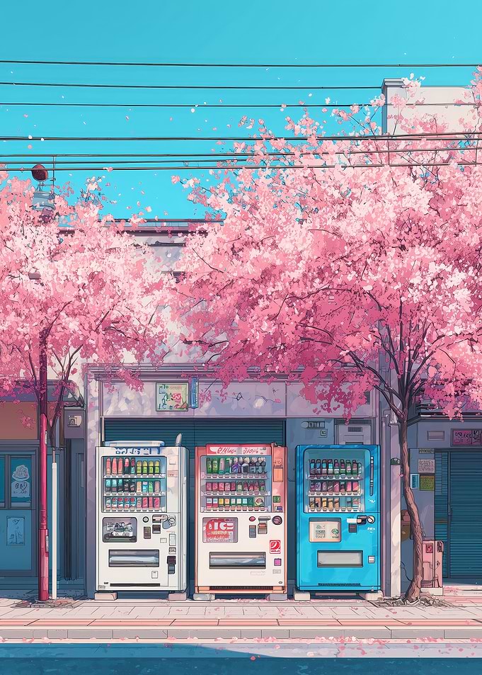Anime vending machines under cherry blossoms