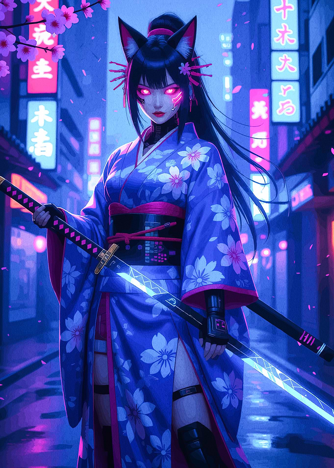 Cyberpunk Cat Girl with Katana
