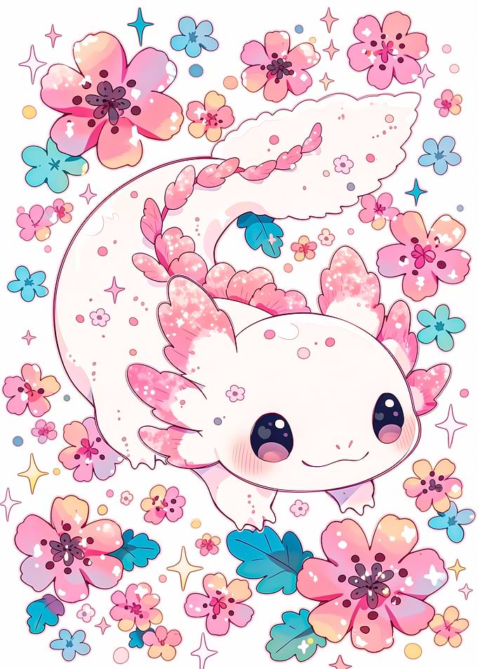 Cute Axolotl Surrounded by Flowers