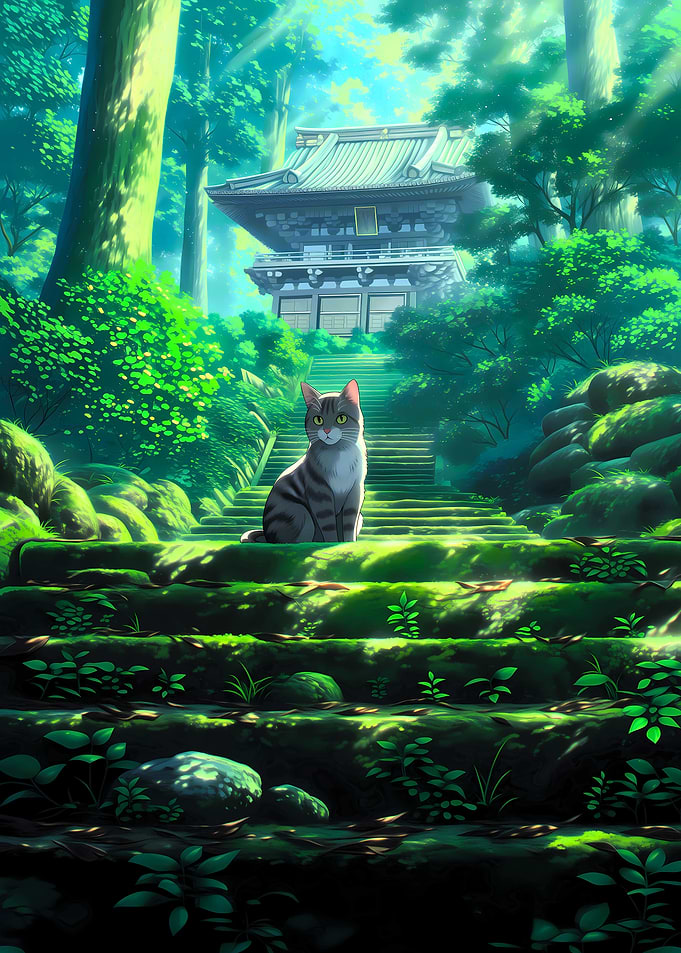 Cat on Temple Stairs in Forest