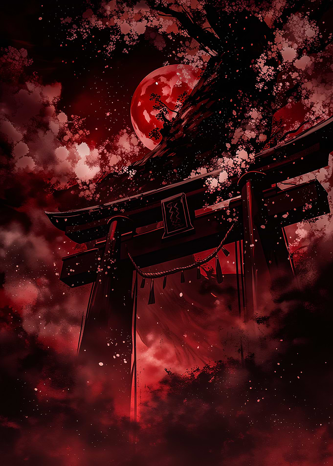 Crimson Moon Over Torii Gate
