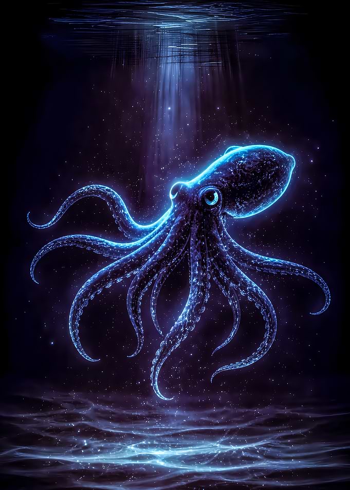 Glowing Blue Octopus in Deep Sea