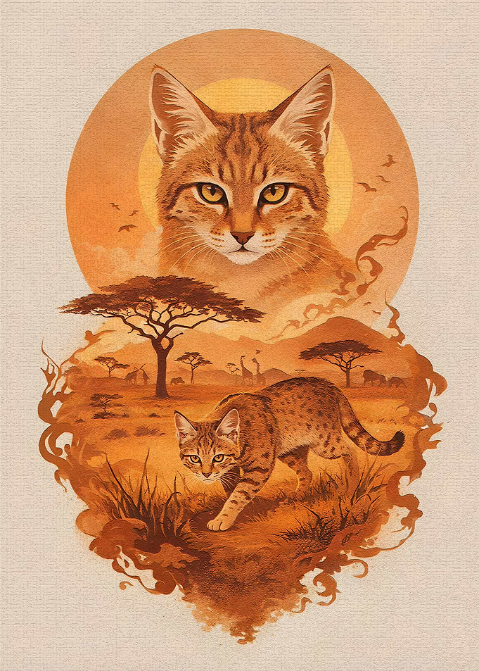 African Wildcat in Savannah Sunset