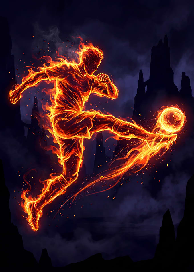 Fiery Soccer Player Kicking Ball