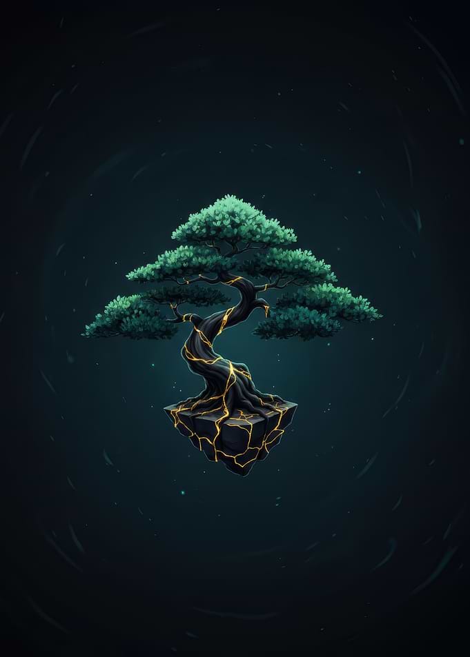 Floating Kintsugi Bonsai Tree with Cracked Earth