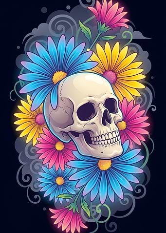 Skull Surrounded by Colorful Flowers