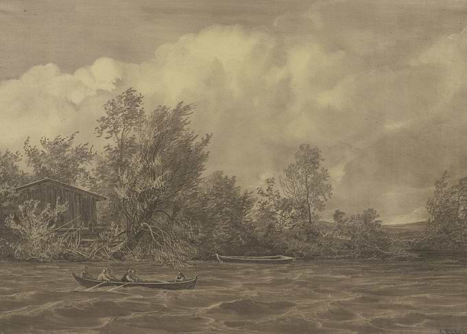 Rowboat on a River with a Cabin