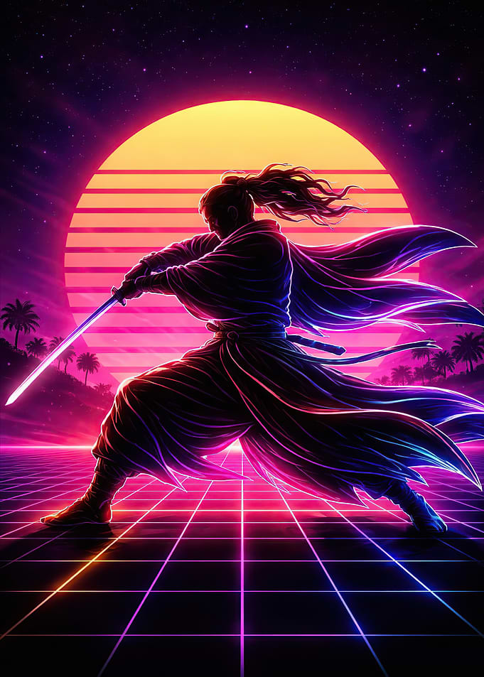 Retro Samurai with Neon Sword