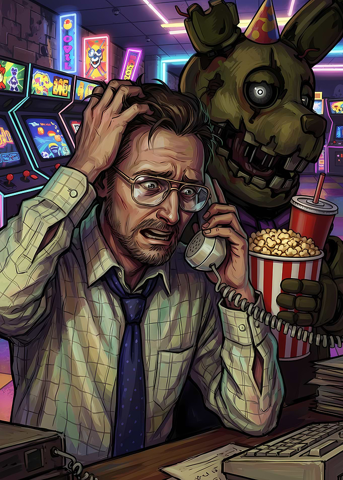 Scared Man on Phone with Animatronic